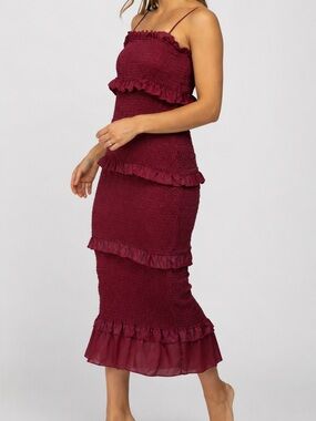 MABLE Satin Cherry Red‎ Bodycon Smocked Dress Med